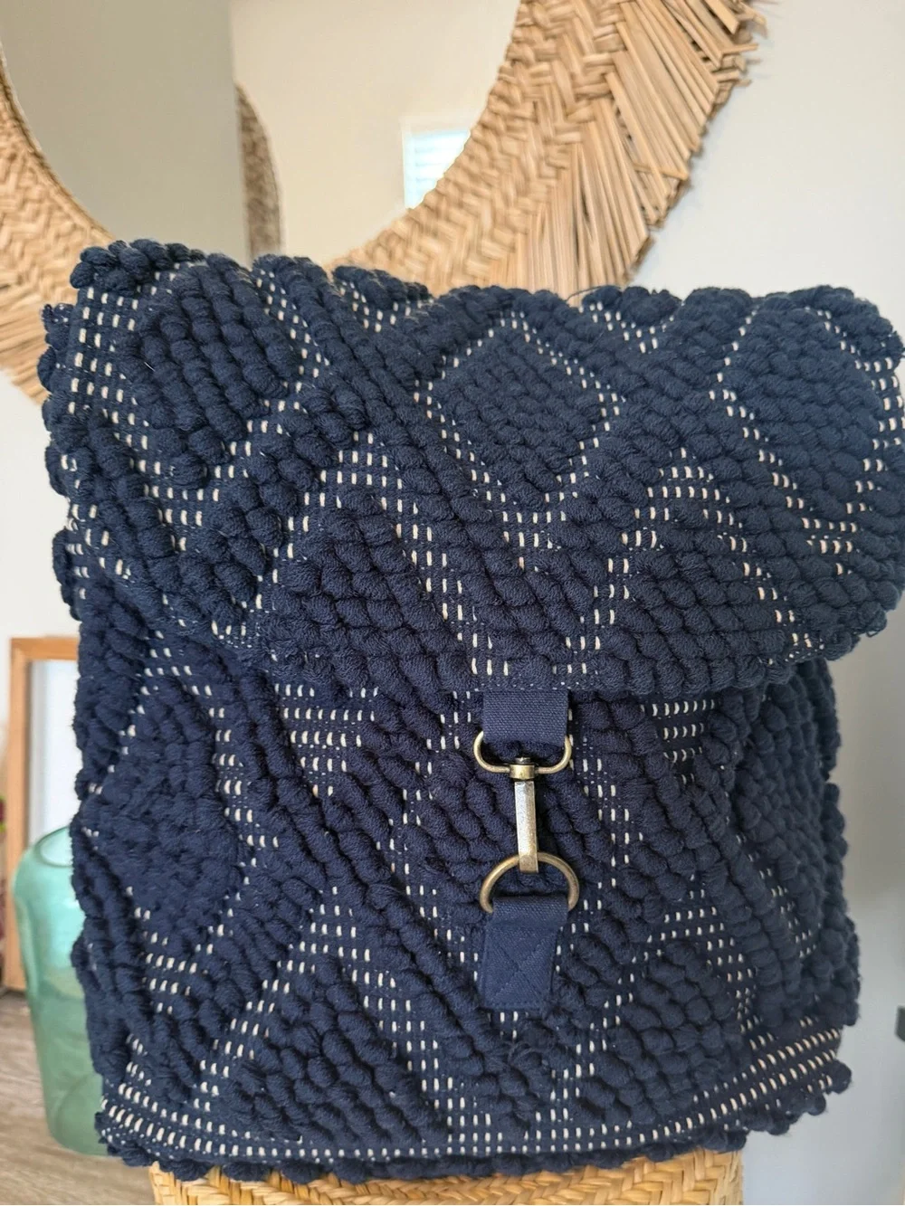 Panache Navy Diamond Pattern Woven Textured Backpack